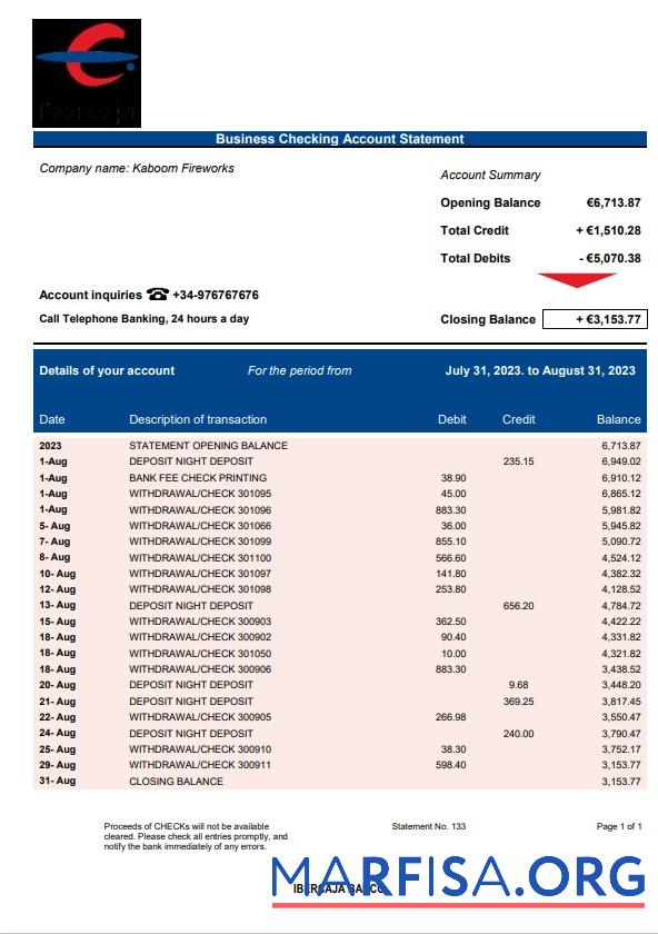 Realistic Ibercaja Bank firm account statement Word and PDF template